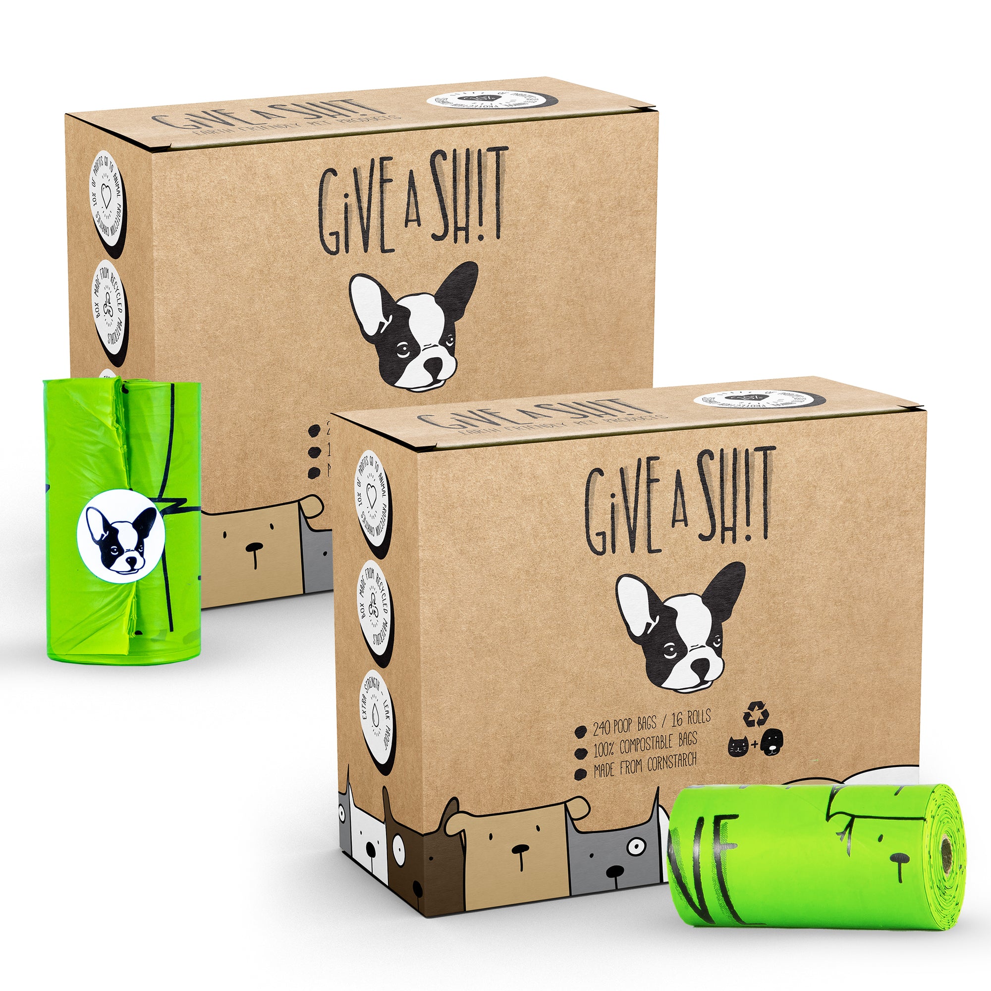 GIVE A SH!T compostable poop bags 2-pack bundle 480 bags total, multi-pack savings, reduced CO2 emissions, recycled bottles saved, tree planted