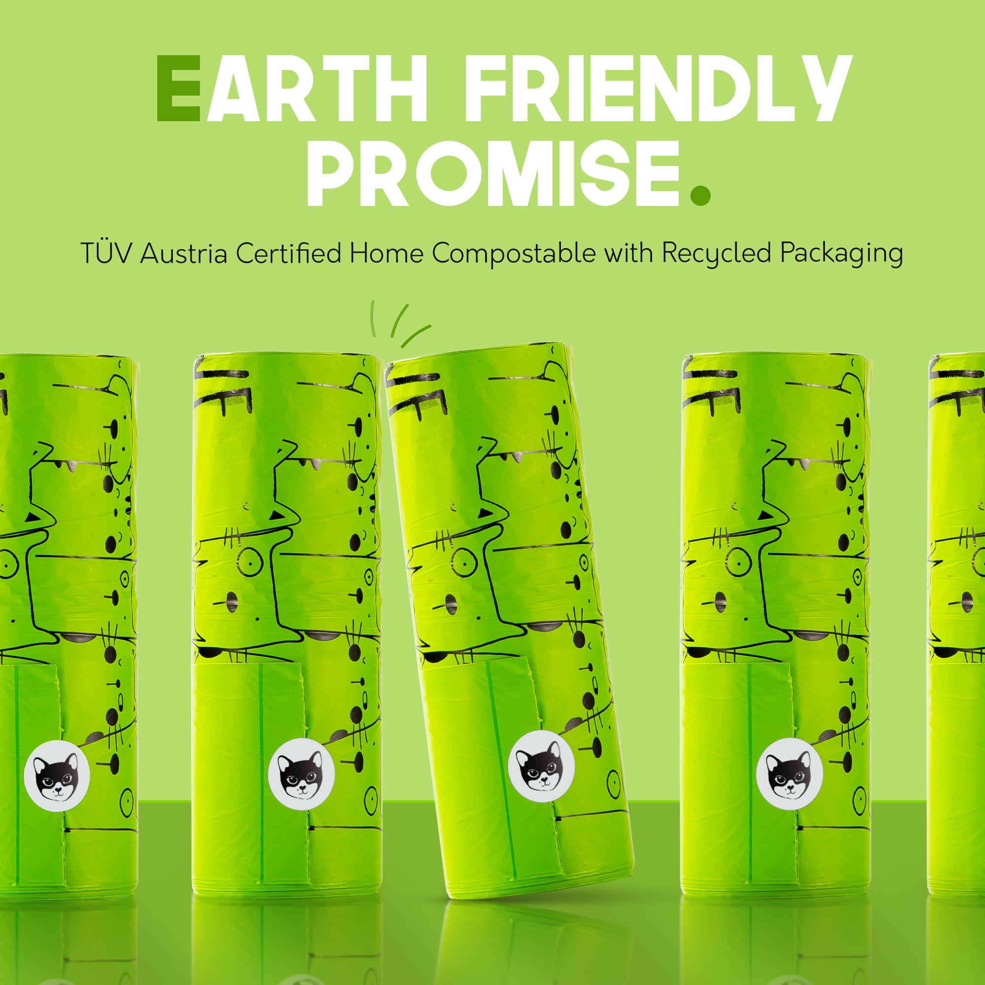 GIVE A SH!T compostable cat litter bag rolls displaying Earth Friendly Promise 100% home compostable certification, TÜV Austria certified, recyclable packaging, extra large bags