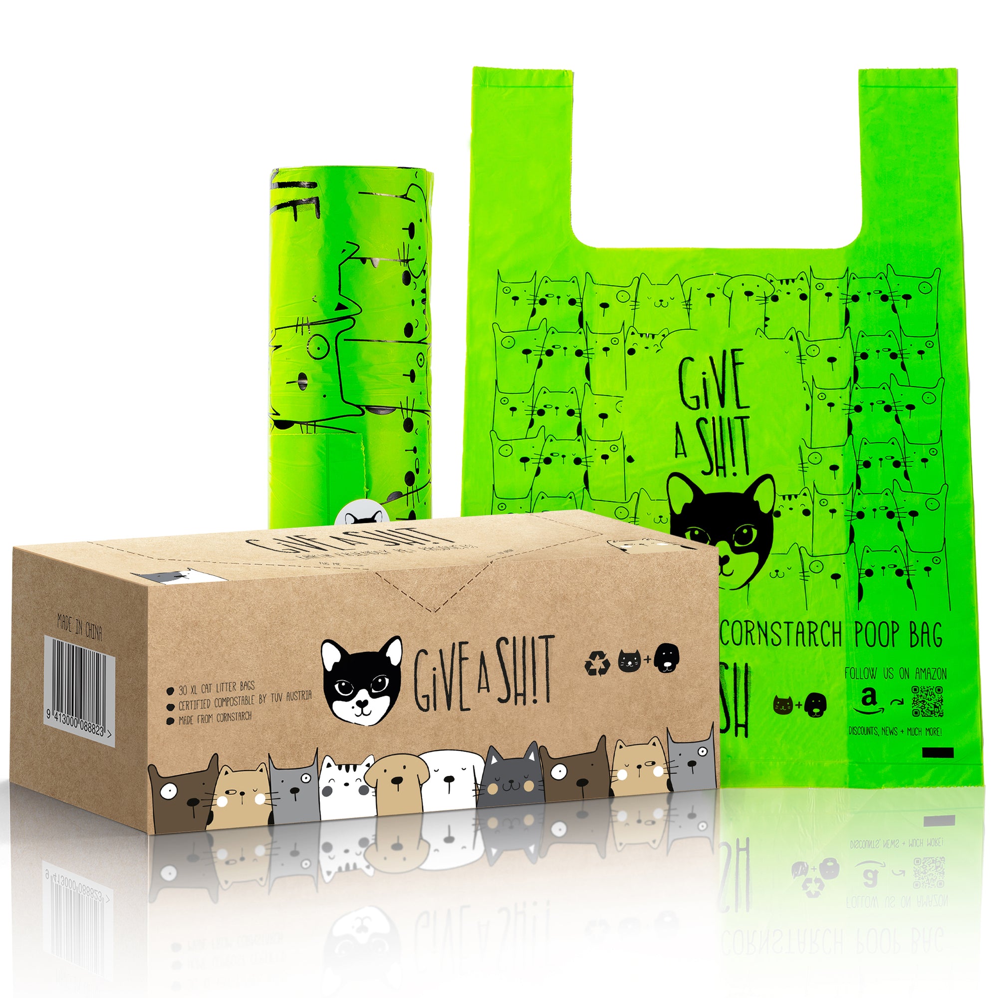 GIVE A SH!T certified compostable cat litter bags 30 pack, TÜV Austria OK Compost Home certified, 18 micron thick extra large, plant-based corn starch PBAT PLA material