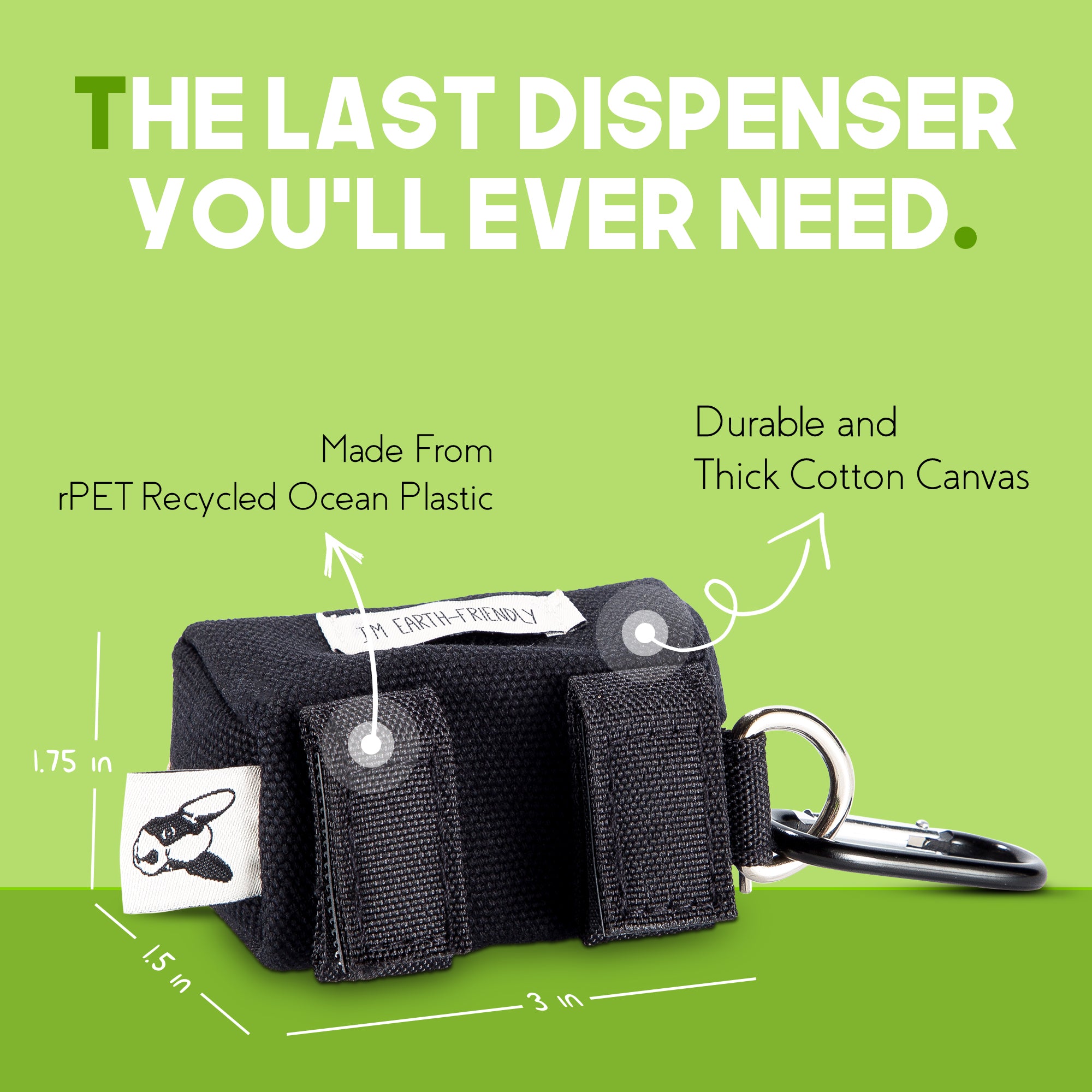 GIVE A SH!T the last dispenser you'll ever need, made from rPET recycled ocean plastic Velcro, durable thick cotton canvas, rustproof metal hardware, zero virgin plastic, built to last