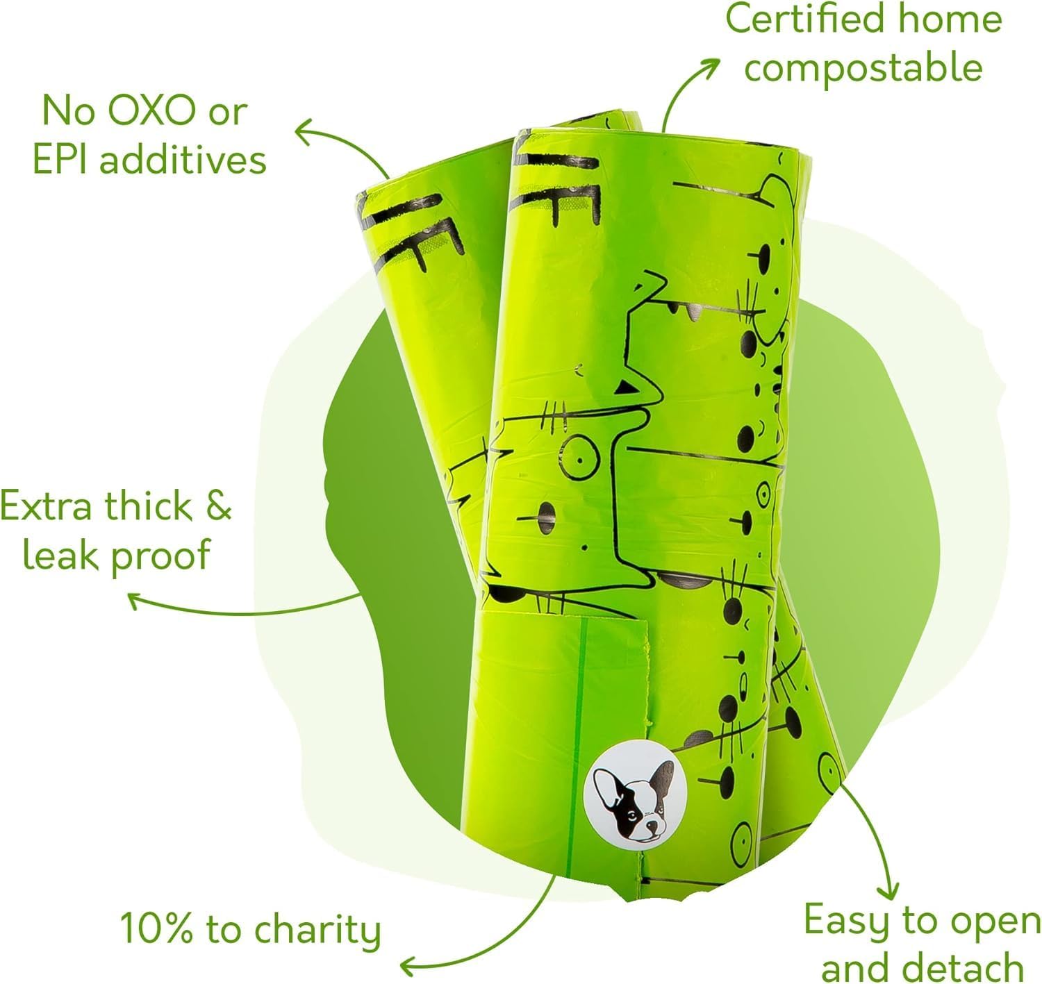 GIVE A SH!T compostable poop bags with handles features: no oxo or EPI additives, TÜV certified home compostable, 18 micron extra thick leak-proof, standard handles, pantry roll dispenser, 10% donated to rescue