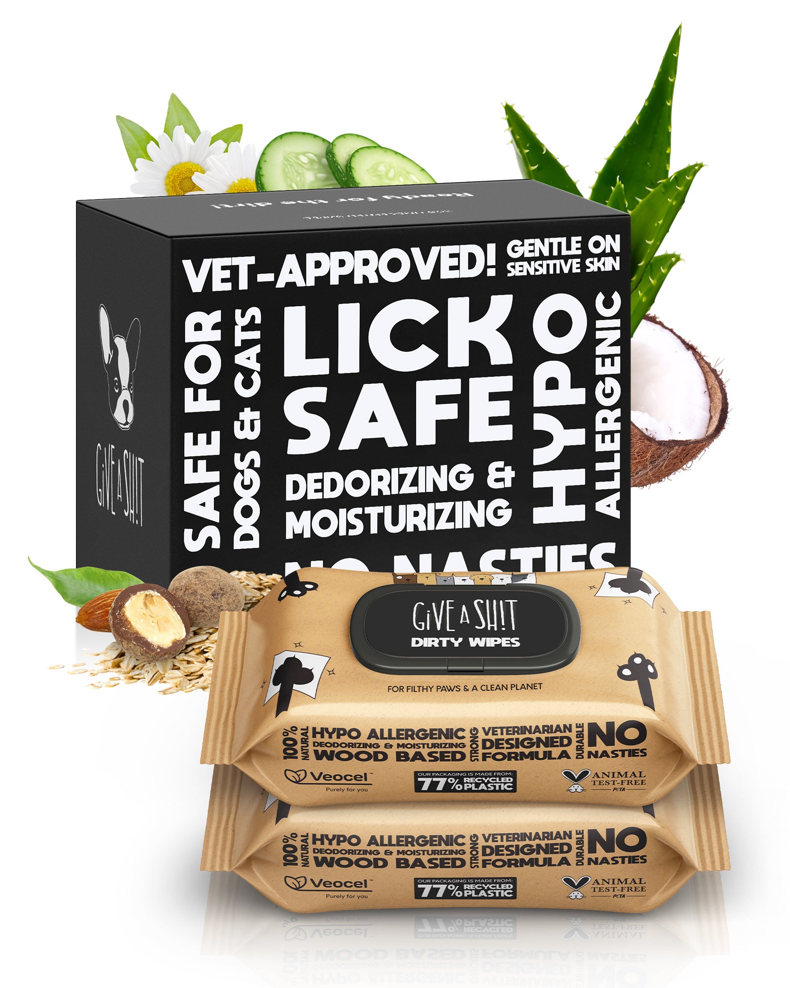 GIVE A SH!T plant-based pet wipes 200 count two pack bundle, save 5%, reduced CO2 emissions, recycled bottles saved, vet-approved lick-safe