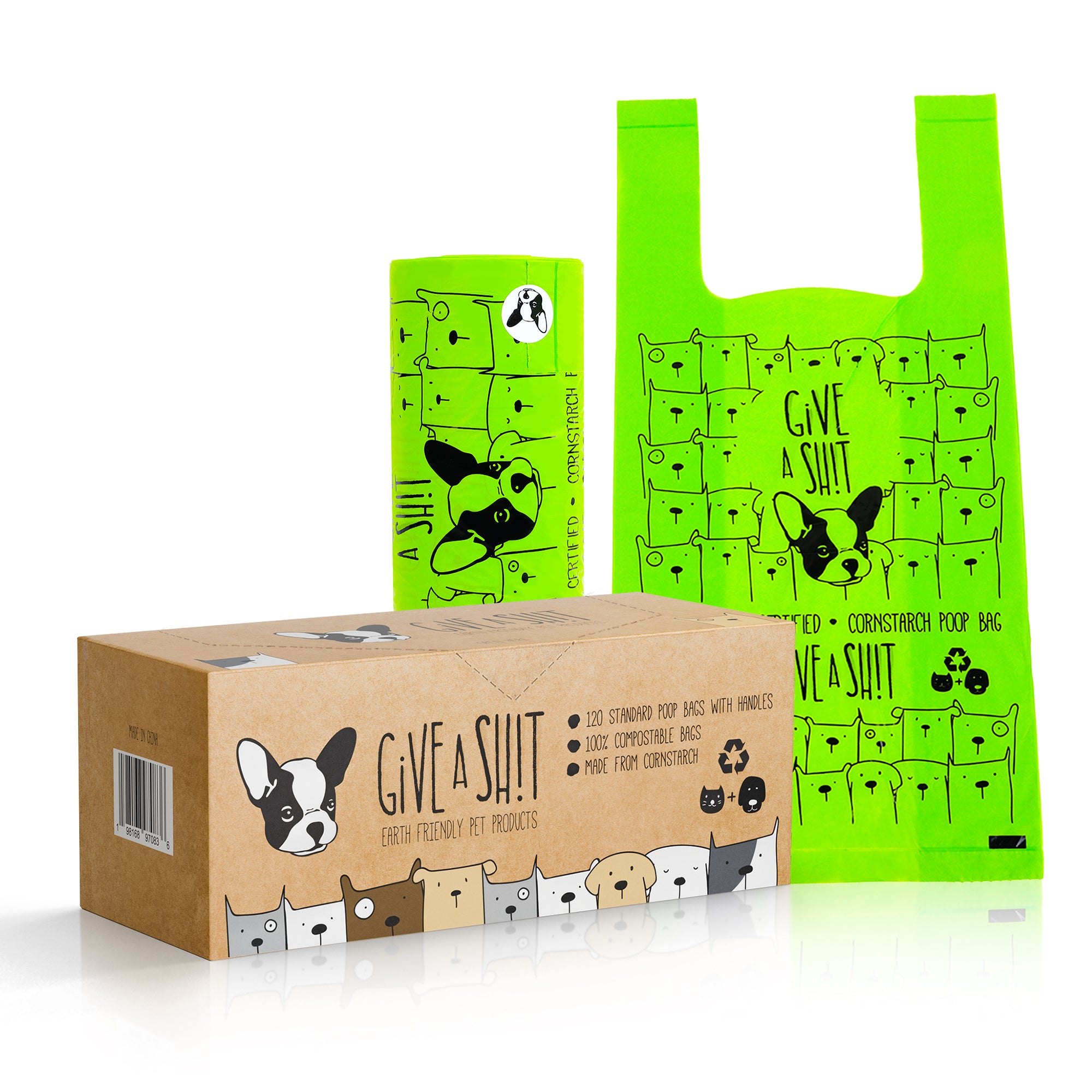 GIVE A SH!T certified compostable dog poop bags with standard handles 120 count, pantry-style single roll dispenser box, TÜV Austria OK Compost Home certified, 18 micron thick plant-based