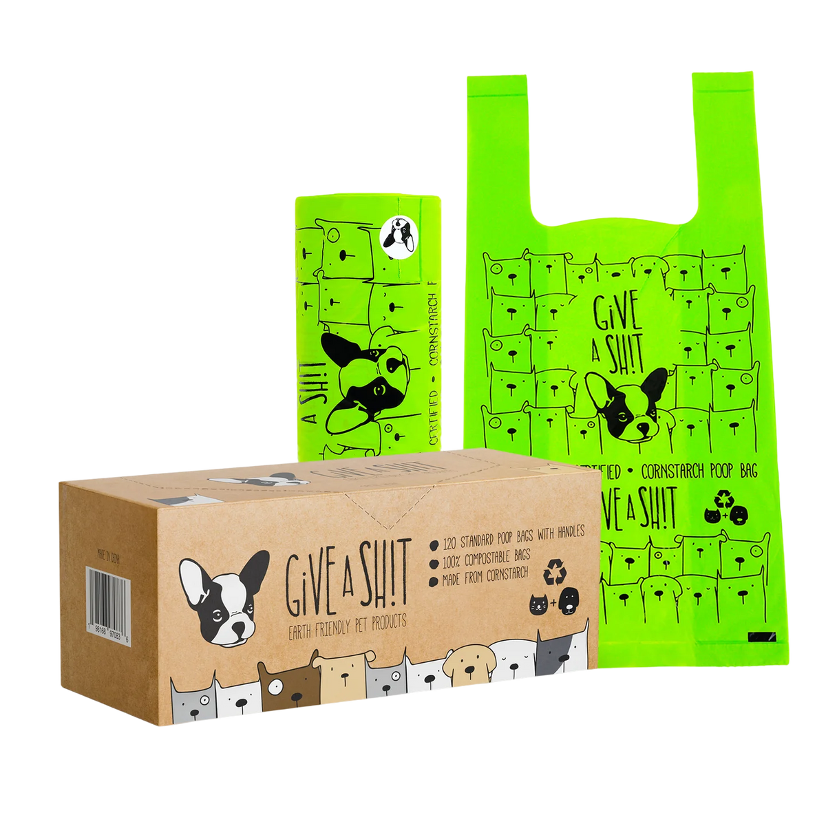 GIVE A SH!T certified compostable dog poop bags with standard handles 120 count, pantry-style single roll dispenser box, TÜV Austria OK Compost Home certified, 18 micron thick plant-based