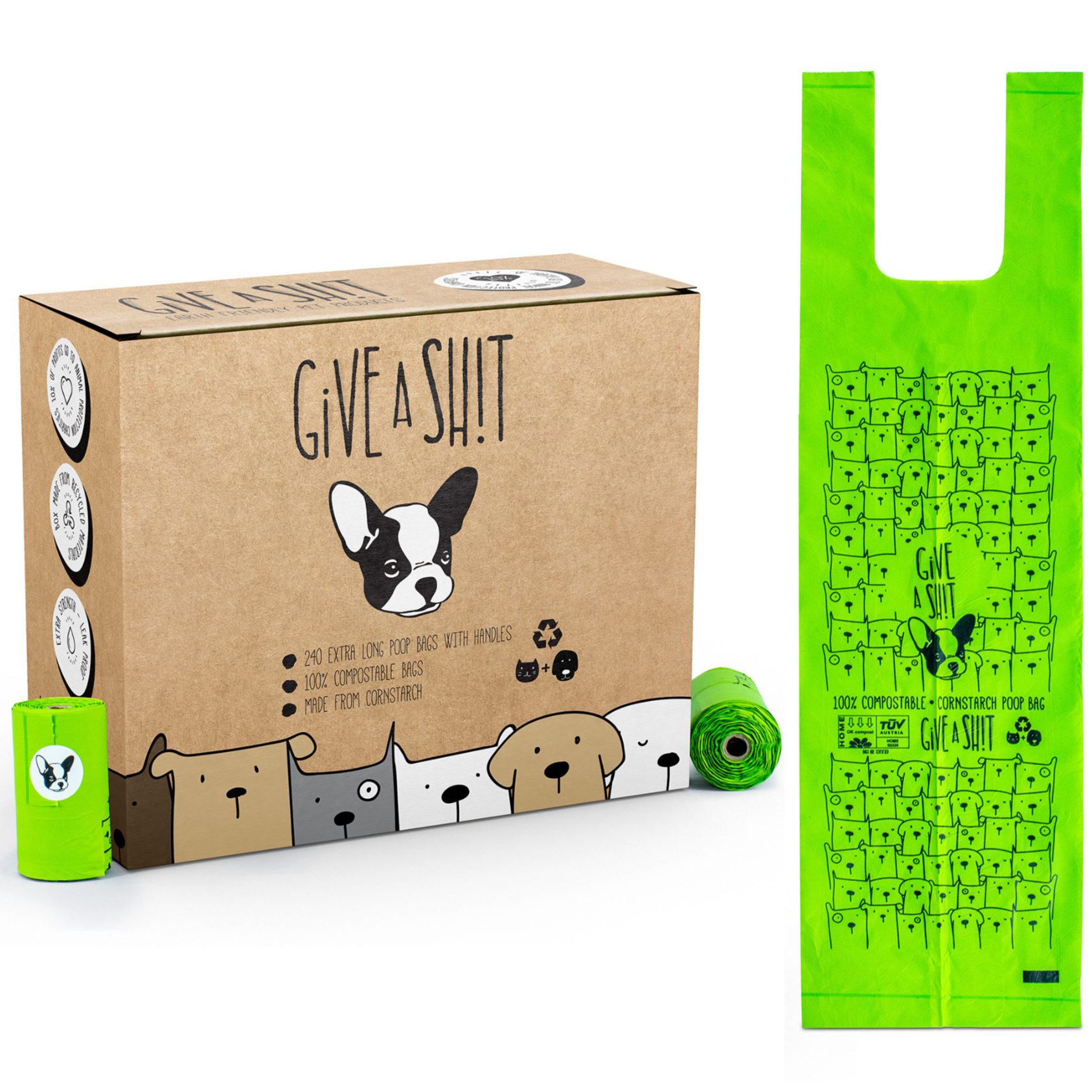 GIVE A SH!T certified compostable long dog poop bags with handles box, TÜV Austria OK Compost Home certified, 18 micron thick, 120 bags, plant-based corn starch PBAT PLA